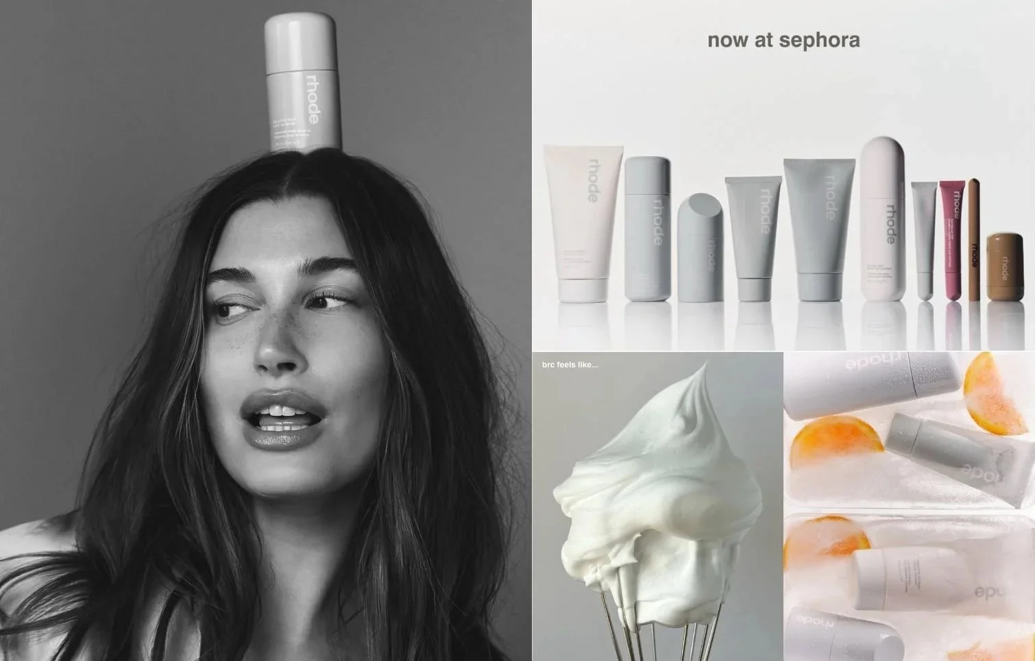 Hailey Bieber poses with Rhode skincare products, featuring minimalist grey packaging and creamy, whipped textures. The image highlights Rhode’s product design, sensory appeal, and brand expansion now available at Sephora.