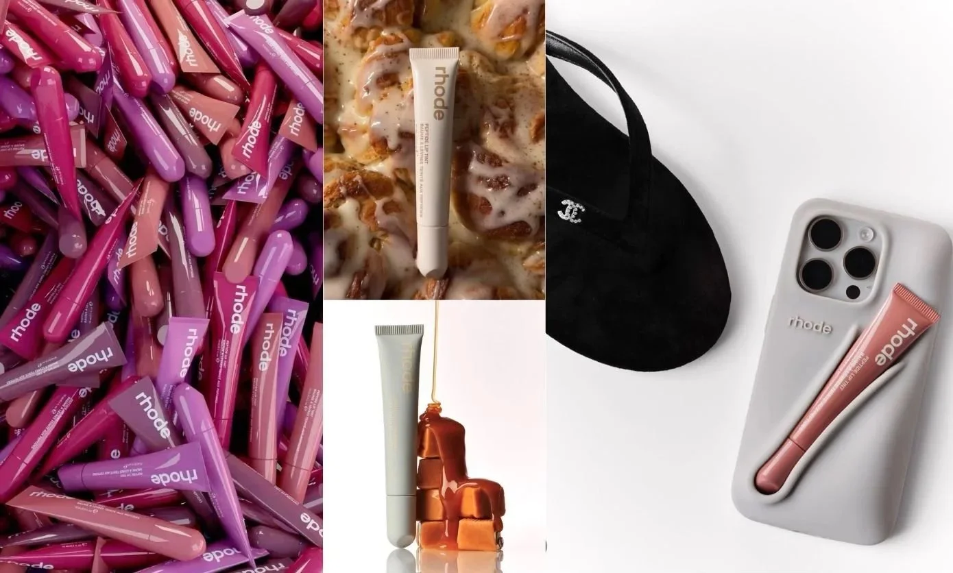 Flat lay of Rhode Peptide Lip Tints in shades of pink and nude, paired with lifestyle product shots including a Chanel accessory and phone case holder — showcasing Rhode’s beauty-meets-lifestyle strategy.