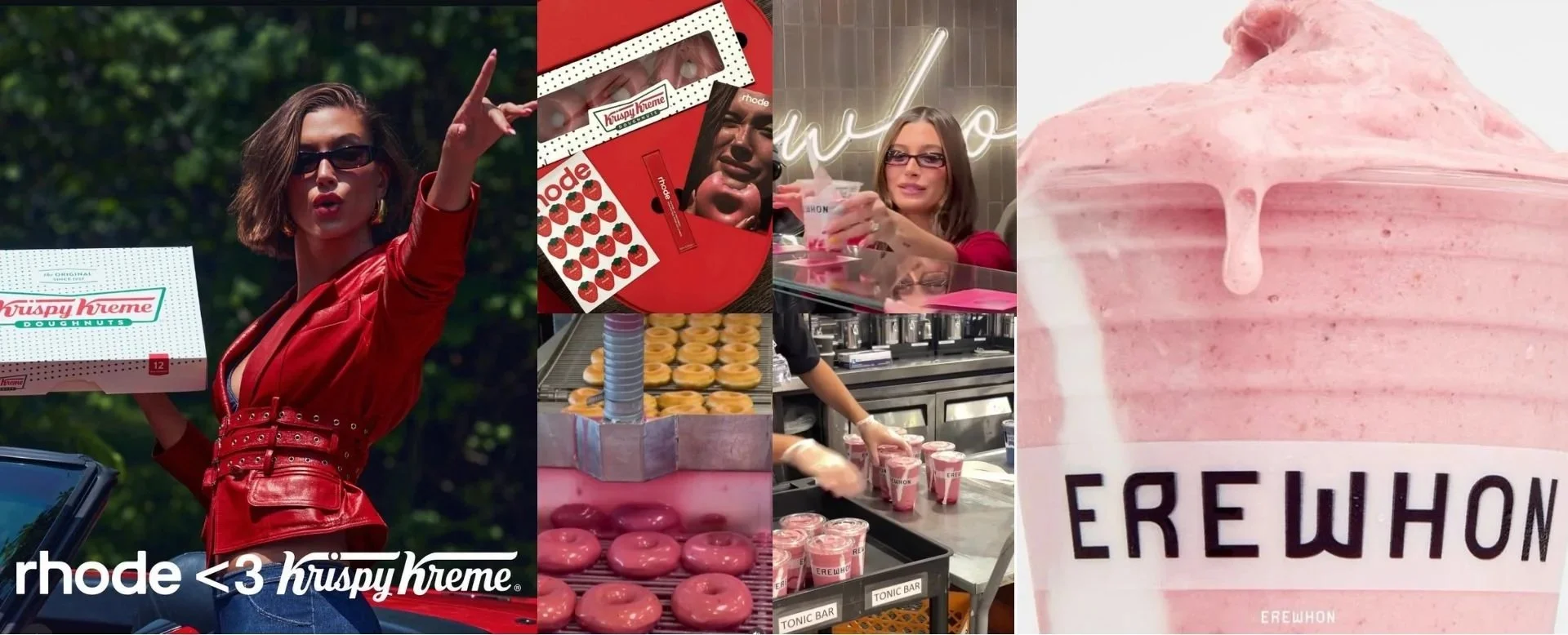 Hailey Bieber presents Rhode’s collaborations with Krispy Kreme and Erewhon, merging beauty, food, and wellness cultures through limited-edition donuts and smoothies inspired by the glazed skin concept.