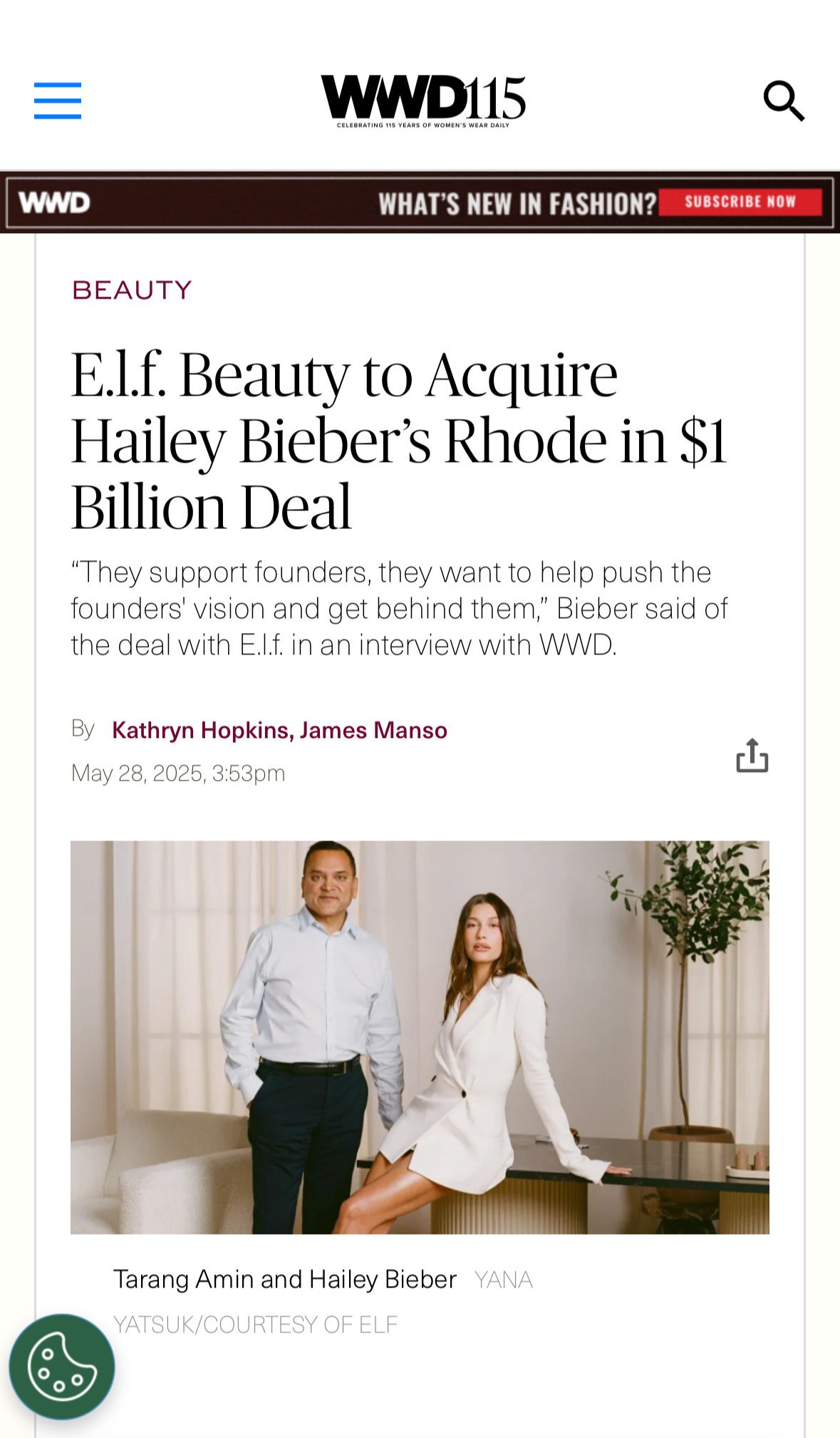Website WWD talking about the acquisition of Rhode by E.l.f Beauty for $1B