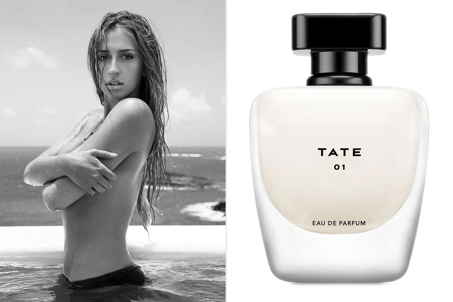 Campaign imagery for Tate McRae's debut fragrance, showcasing a moody, wet-hair black-and-white portrait alongside the minimalist glass bottle of TATE 01 Eau de Parfum.