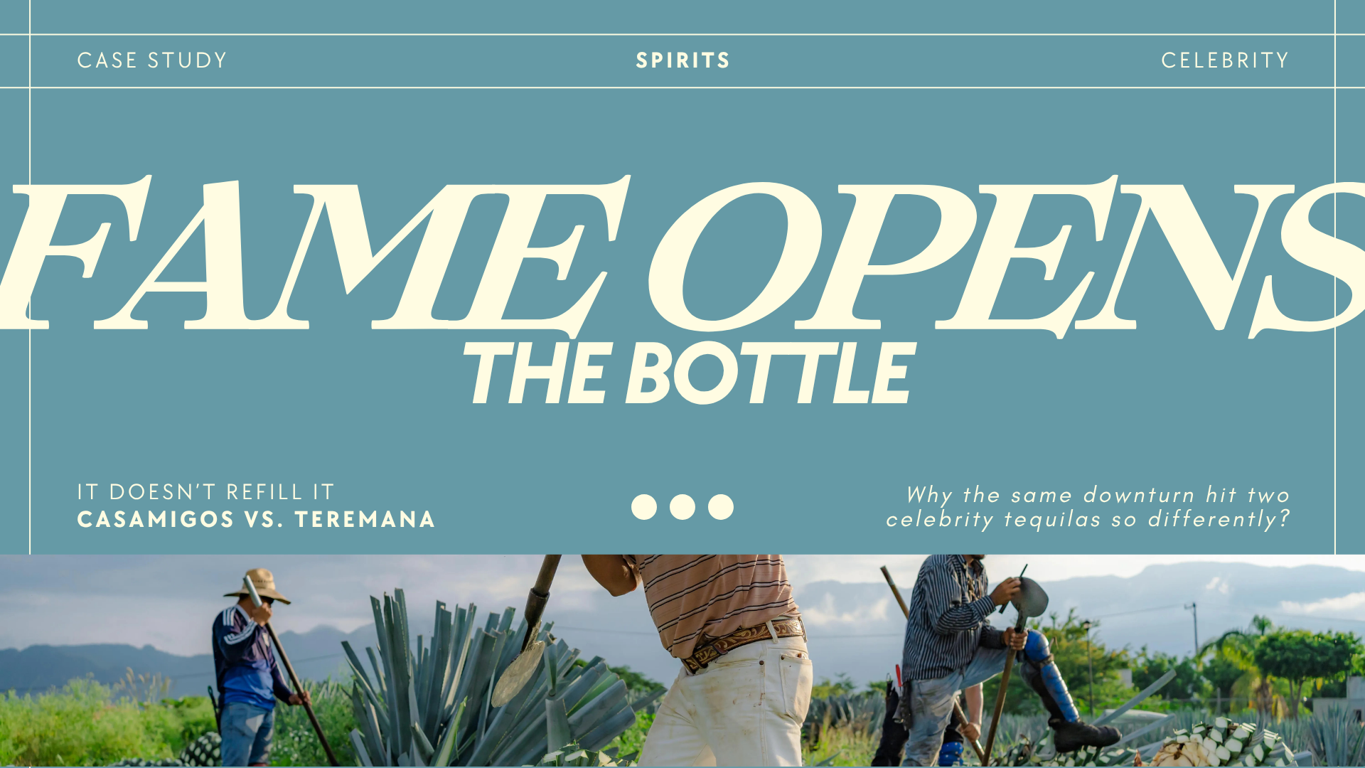 A wide-angle landscape photograph of agave field workers harvesting blue Weber agave plants with traditional coas in front of rolling hills, overlaid with the title text: "Case Study: Celebrity Spirits – Fame Opens the Bottle, It Doesn't Refill It: C