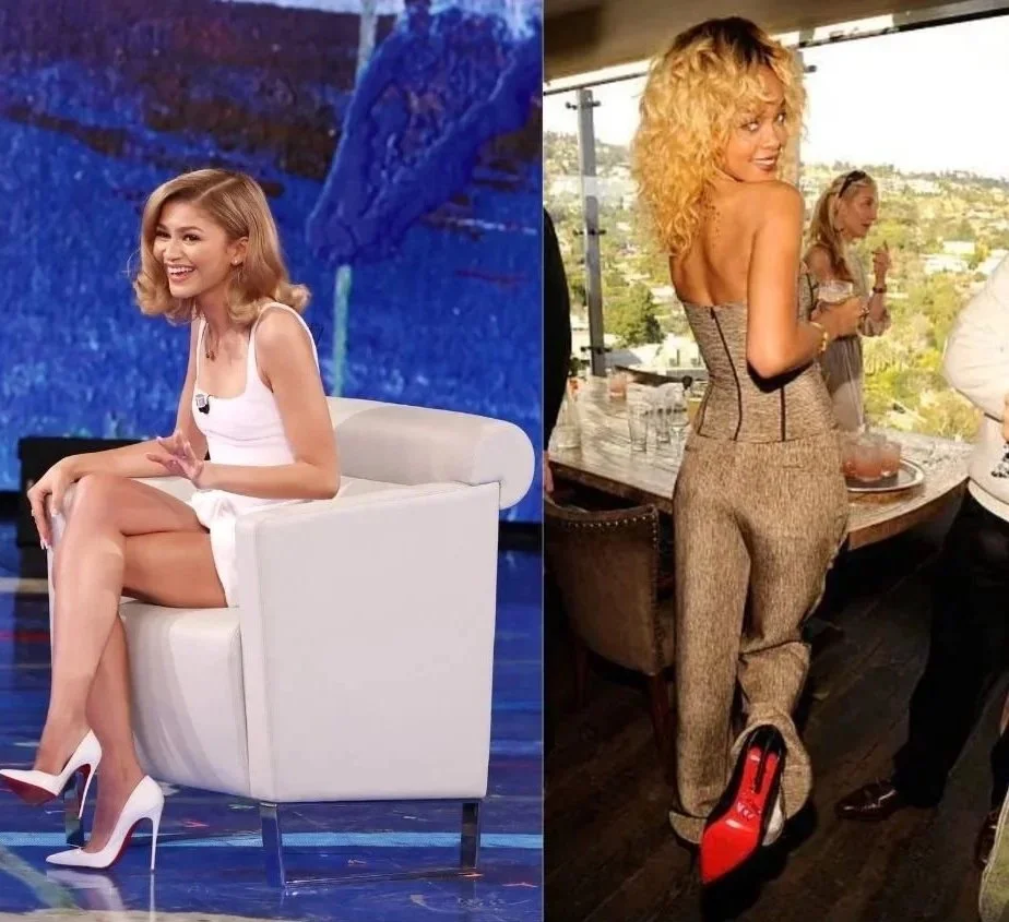 Zendaya and Rihanna wearing Christian Louboutin red-soled heels, highlighting the brand’s cultural power and celebrity influence.