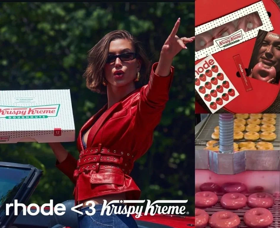 Rhode x Krispy Kreme campaign featuring Hailey Bieber with strawberry glazed donuts collaboration visuals