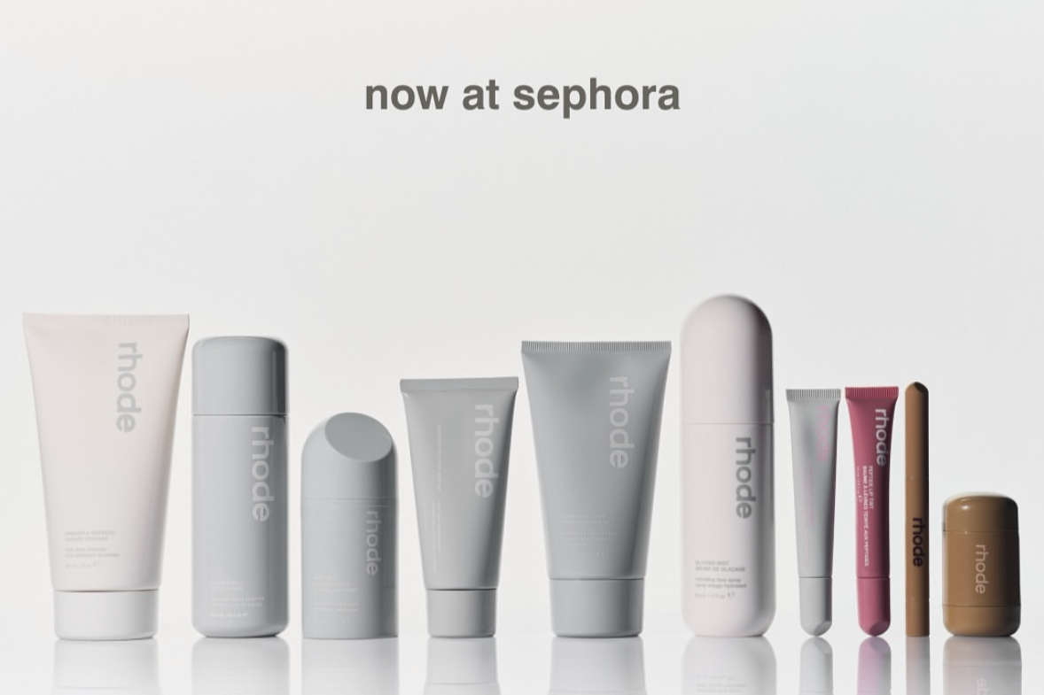 Rhode skincare collection lineup announcing retail launch at Sephora, featuring minimalist packaging in grey tones.
