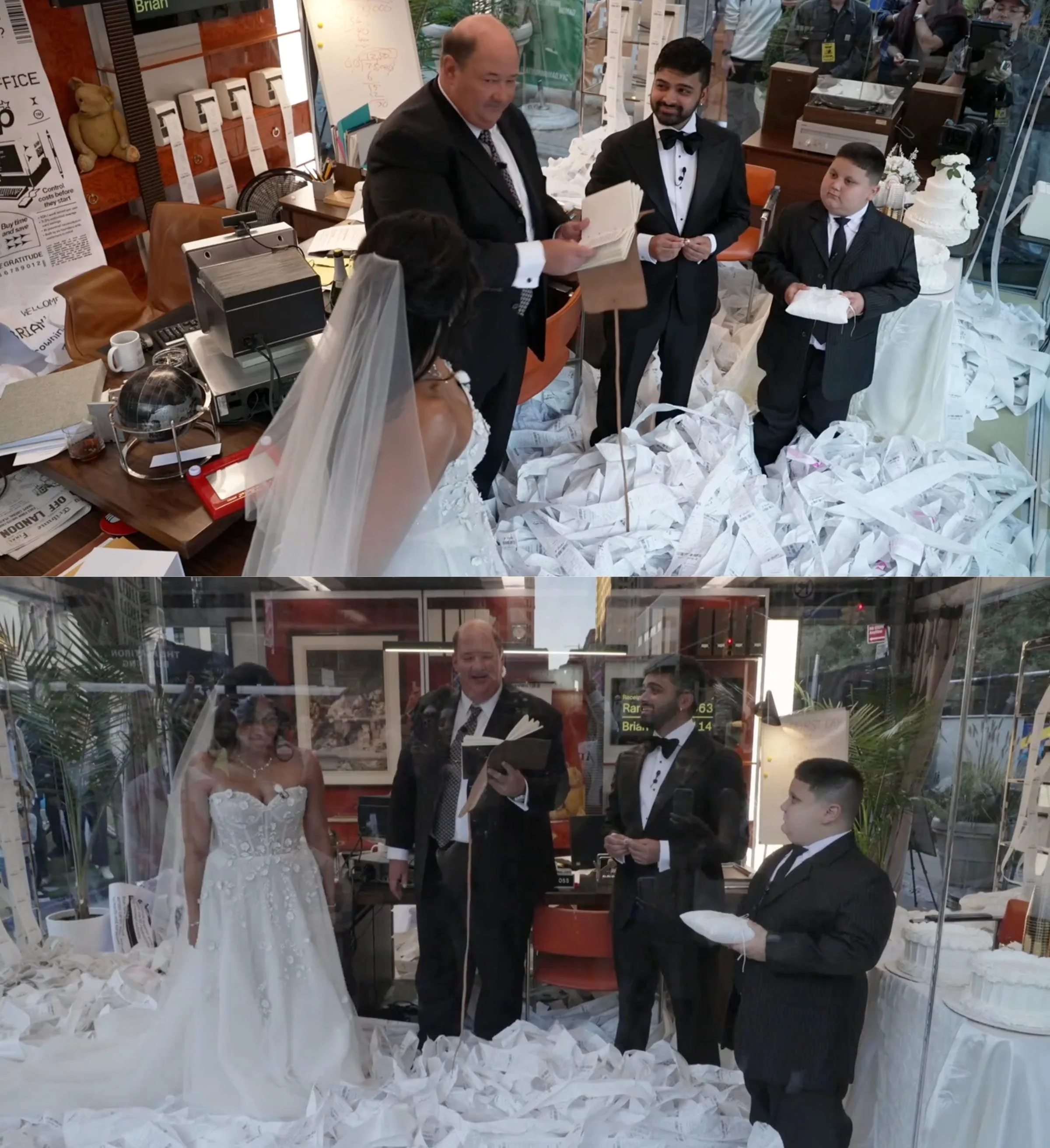 Brian Baumgartner as Kevin Malone officiating a wedding inside Ramp’s glass box installation, standing among piles of receipts with the bride, groom, and ring bearer during the viral fintech livestream stunt.