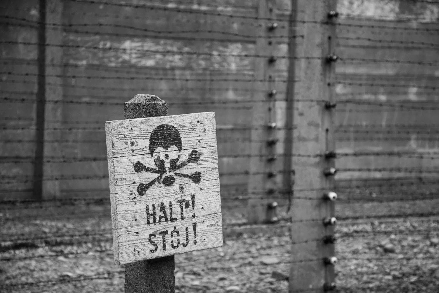 שלט אזהרה עם גולגולת ועצמות מוצלבות "Halt Stój!" על עמוד גדר במחנה