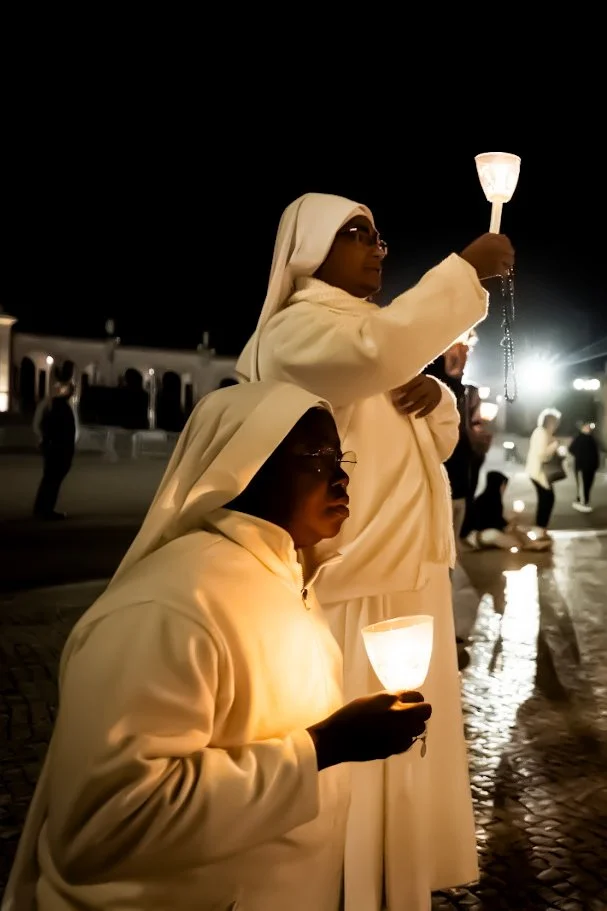 Catholic pilgrims in white habits holding candles during a nighttime procession in Fátima, Portugal
