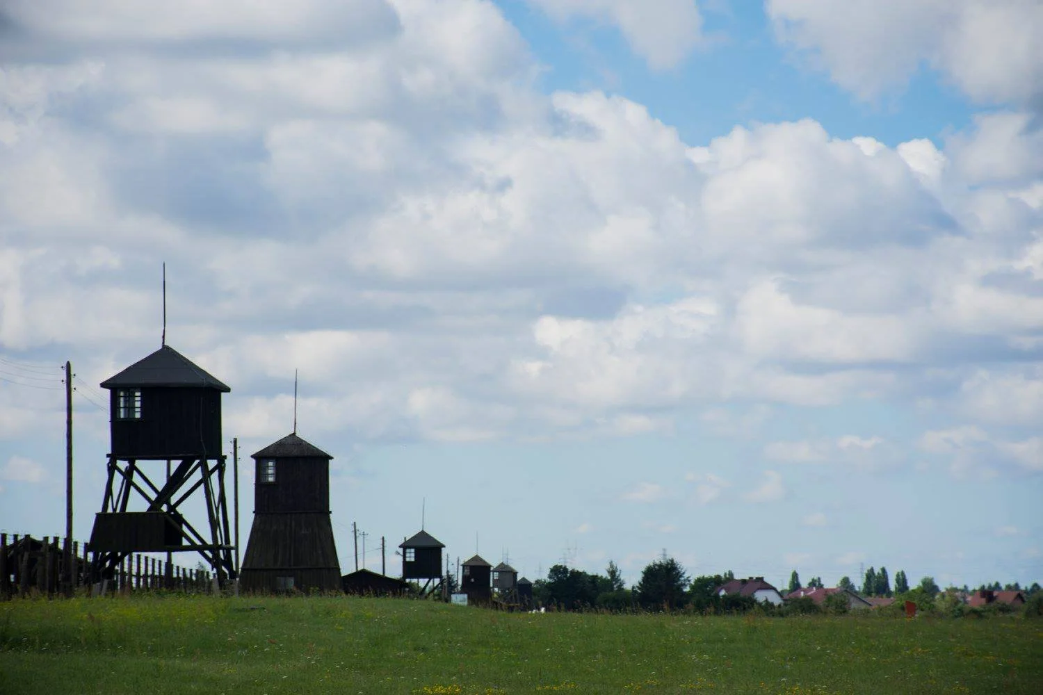 מגדלי שמירה של מיידנק מעבר לשדה ירוק תחת שמיים כחולים עם עננים