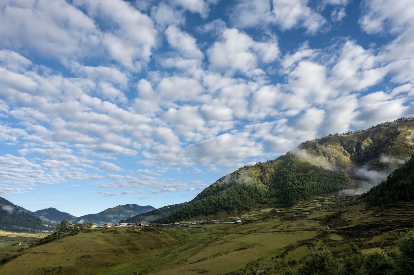 טרסות חקלאיות ירוקות ואגם צר בין הרים תחת שמיים מעוננים – בהוטן, הרי ההימלאיה