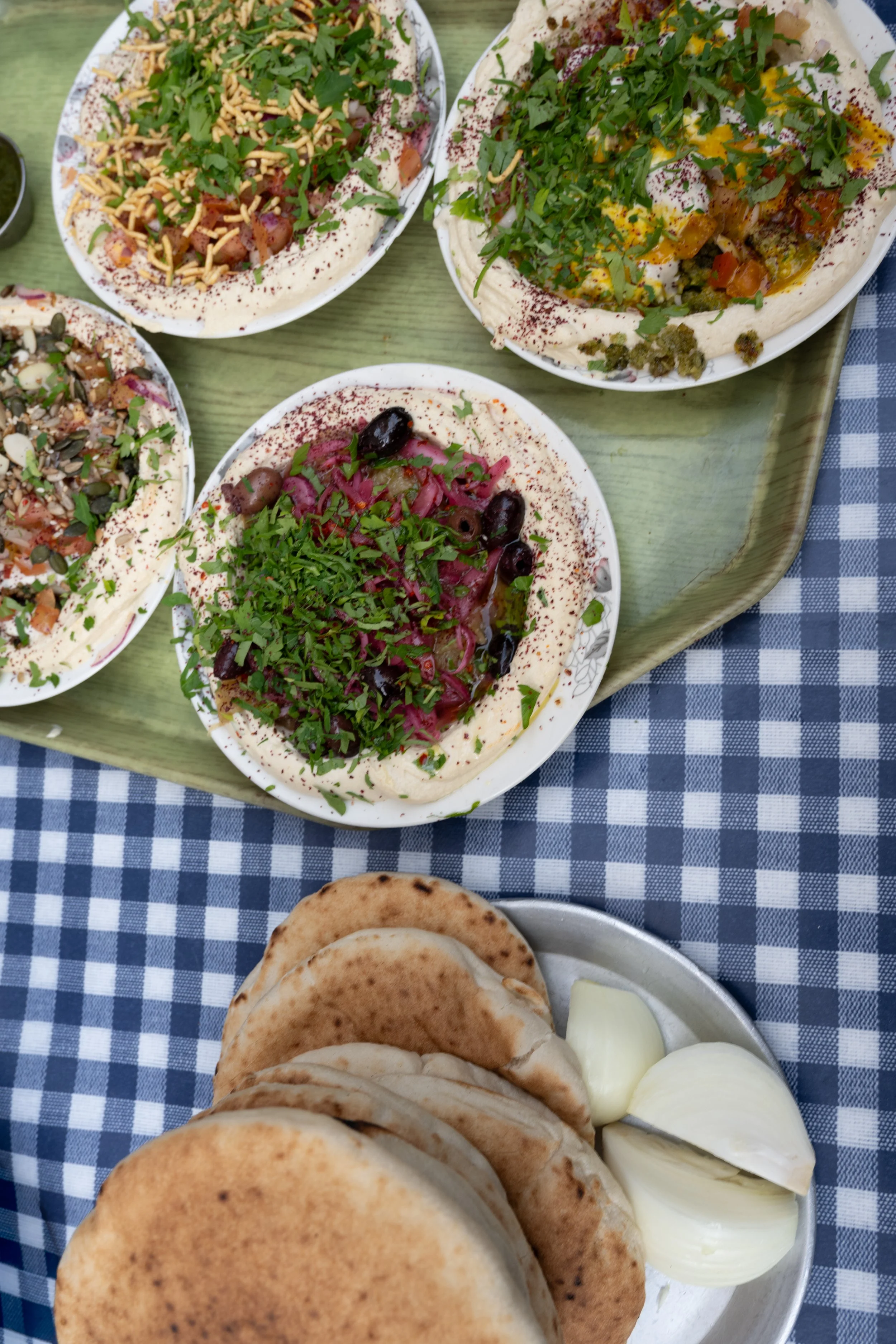 4 types of hummus at the Carmel Market