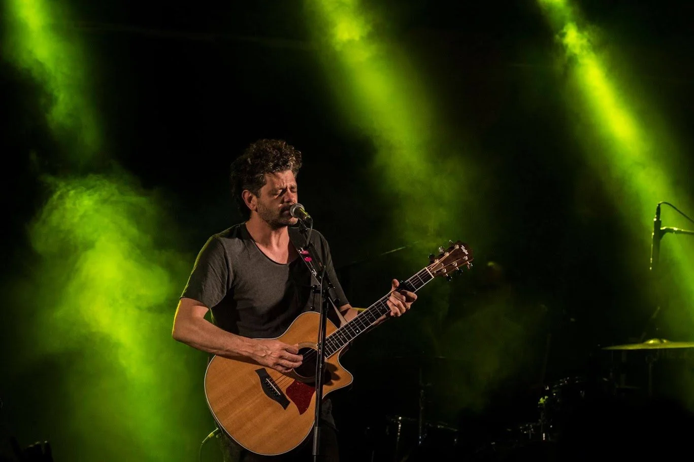 זמר מנגן בגיטרה תחת אורות ירוקים על במה – רעננה, ישראל