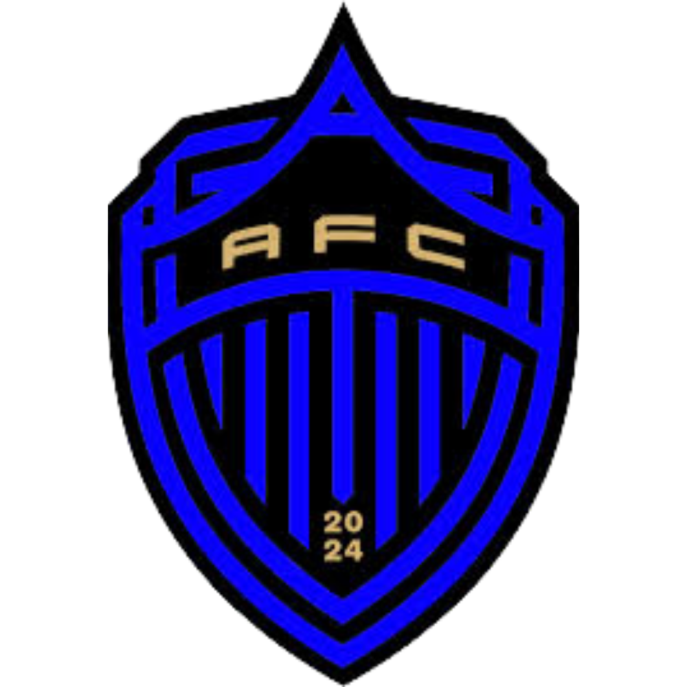 A shield-shaped logo with the text "AFC" at the top, the year "2024" at the bottom, and blue and black stripes, resembling a sports team emblem.