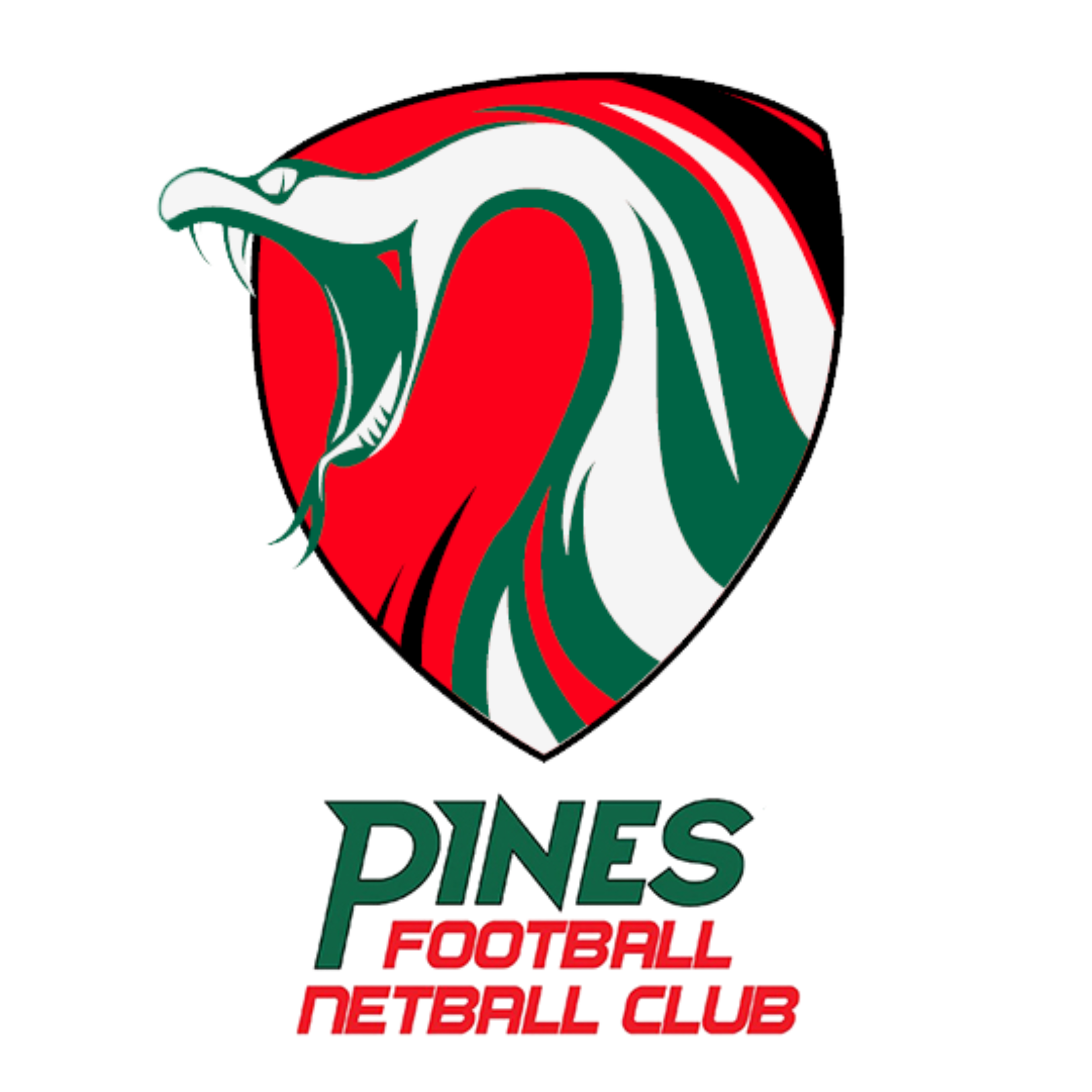 Logo of the Pines Football Netball Club featuring a stylized snake head with open mouth inside a shield, with the colors red, green, and white, and the text 'PINES FOOTBALL NETBALL CLUB' below.