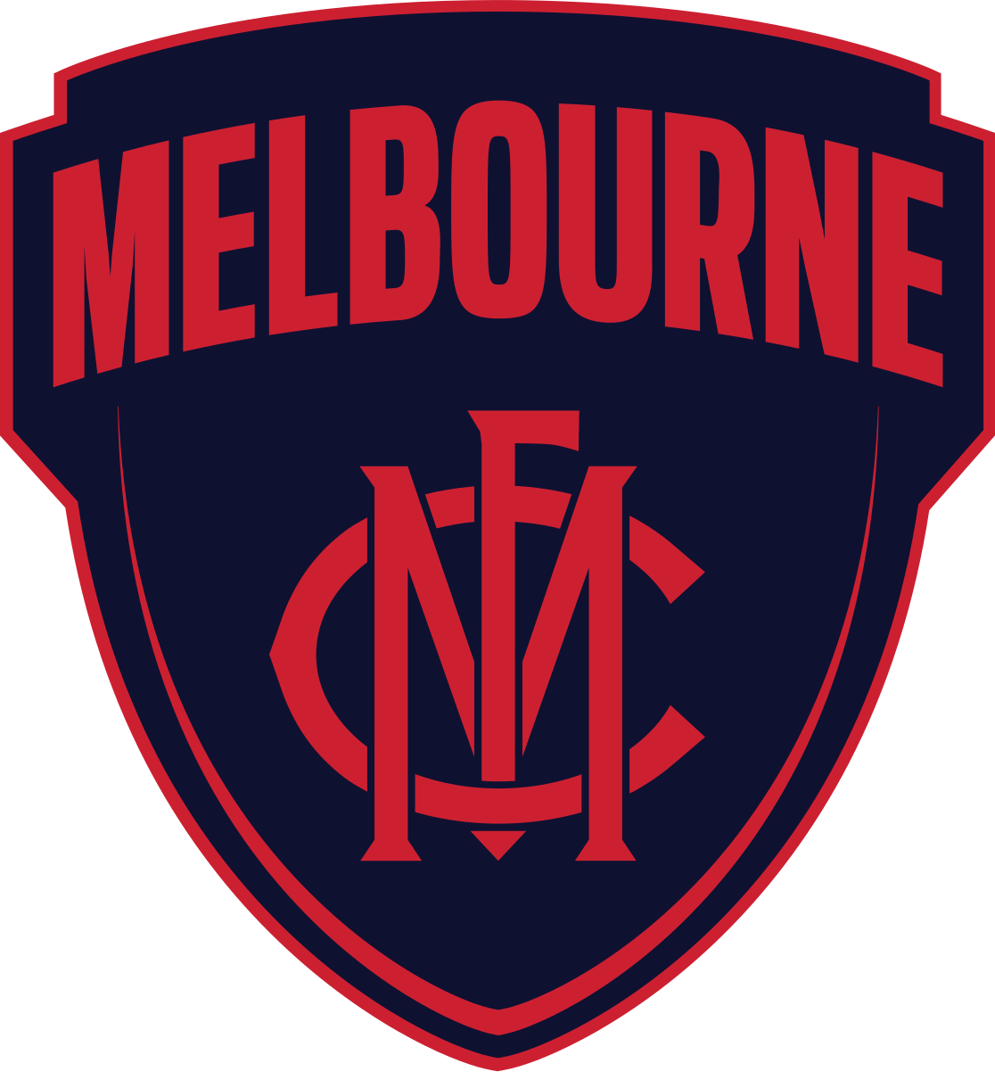 Melbourne Football Club logo with a dark blue shield, red outline, and red text reading 'Melbourne' above a red monogram of the letters M, C, and V inside a circle.