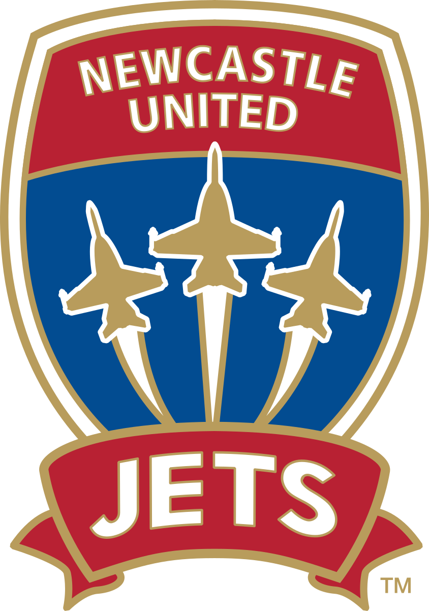 The logo of Newcastle United Jets, a sports team, featuring three fighter jets flying upward with a red banner at the top reading 'Newcastle United' and a red banner at the bottom reading 'Jets'.
