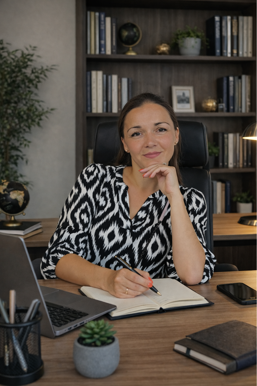 Eine Frau sitzt am Schreibtisch in einem Büro, umgeben von Büchern, Pflanzen und Dekorationsgegenständen, und schreibt in ein Notizbuch.