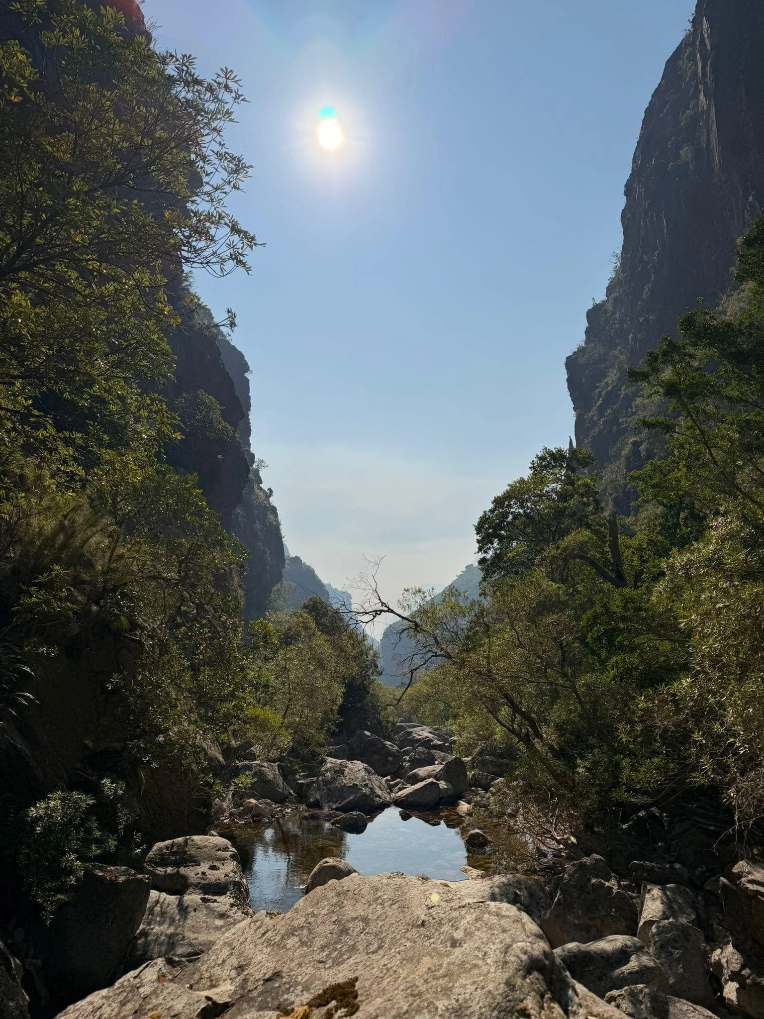 A scenic view of a rocky riverbank with lush trees on both sides and a clear sky with the sun shining brightly.