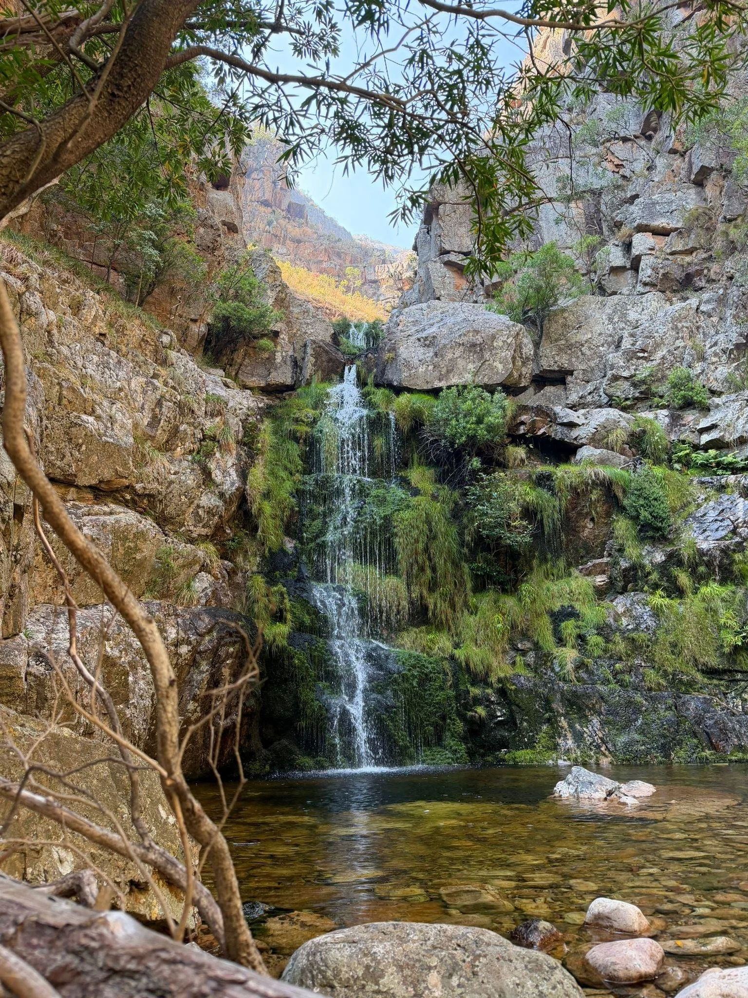 A scenic view of a small waterfall flowing over rocks in a rocky canyon, surrounded by lush green vegetation and trees with a clear blue sky in the background.
