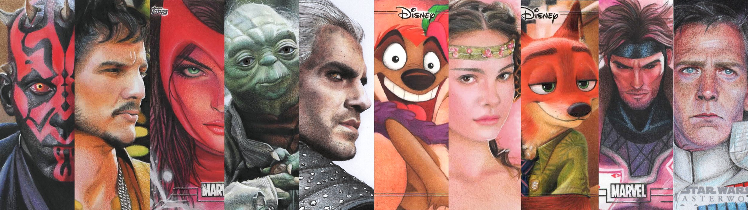 Collage of characters from various movies, including Darth Maul, Oberyn Martell, Scarlet Witch, Yoda, Geralt of Rivia, Timon, Padme Amidala, Nick Wilde, Gambit and Director Orson Krennic.