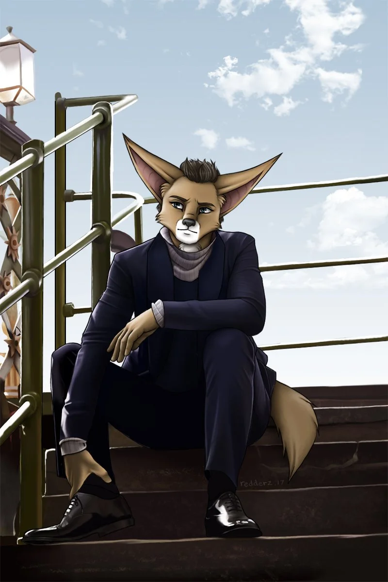 Anthropomorphic fox character in a suit sitting on outdoor stairs with a railing, under a blue sky with clouds.