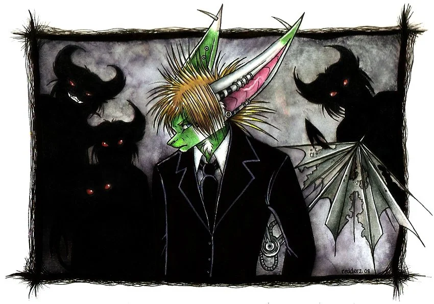 A green-furred creature with large ears and long, pointed nose, wearing a black suit. They have spiky hair and a somber expression, standing amidst several dark, shadowy figures with glowing red eyes and sinister expressions. The scene has a dark, ominous atmosphere.