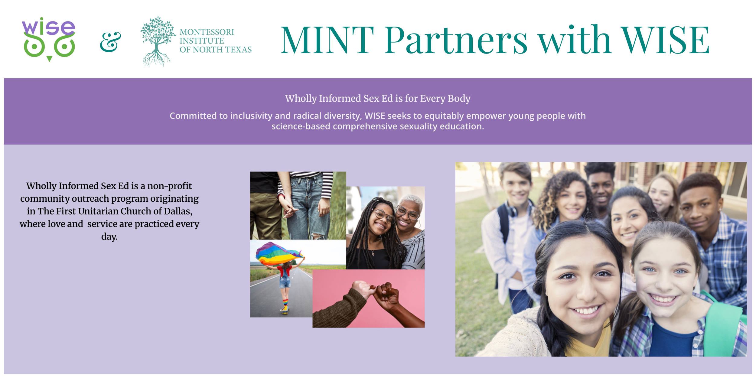 A flyer for MINT Partners with WISE, showing the WISE and Montessori Institute of North Texas logos, with a collage of diverse people and groups, including children, teenagers, and adults, smiling and engaging in community activities.