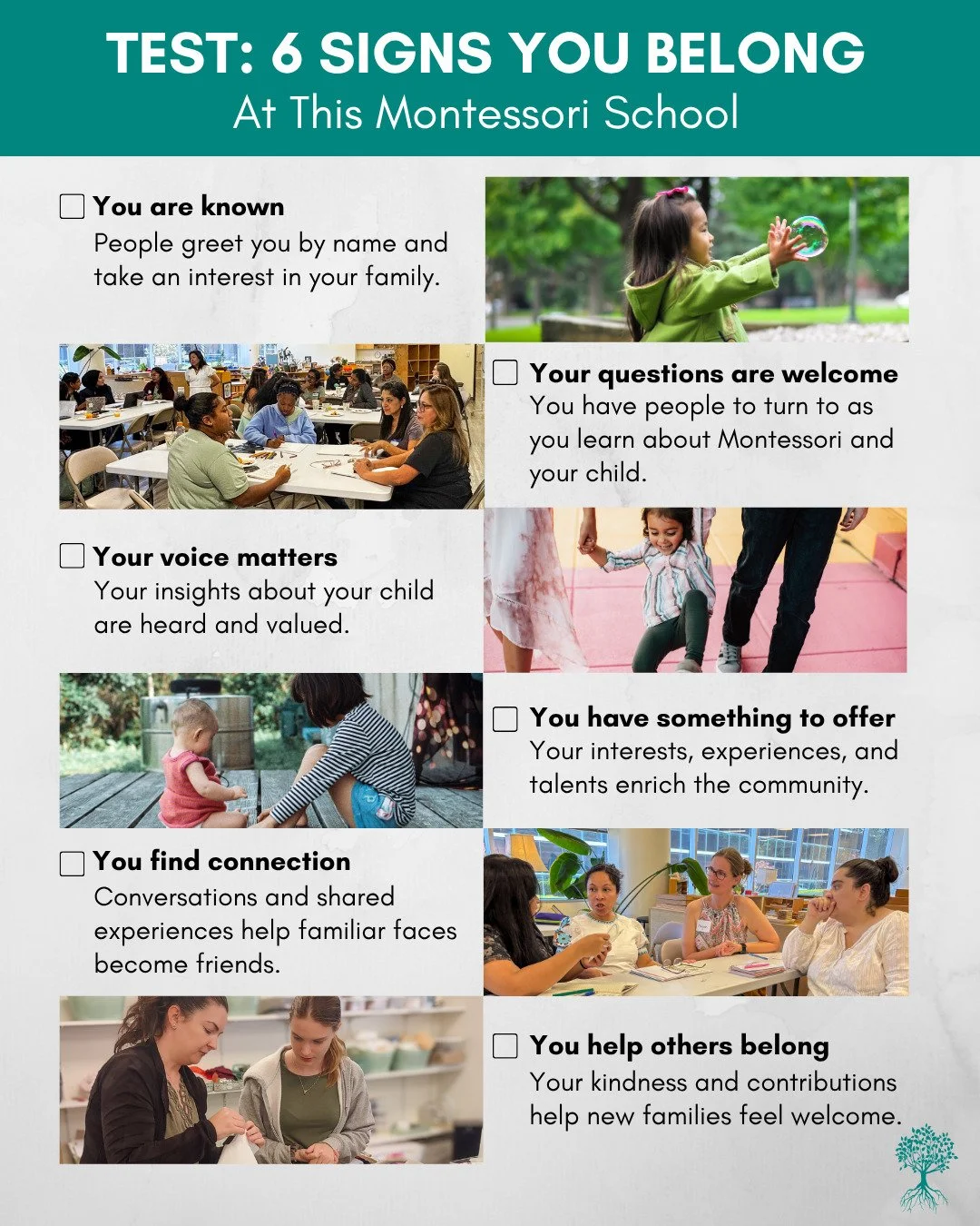 Quick culture check. Does this sound like your Montessori school?

If so, that&rsquo;s worth celebrating! Behind these everyday experiences are devoted staff and families who help one another feel welcome.

This is what belonging looks like. Where di
