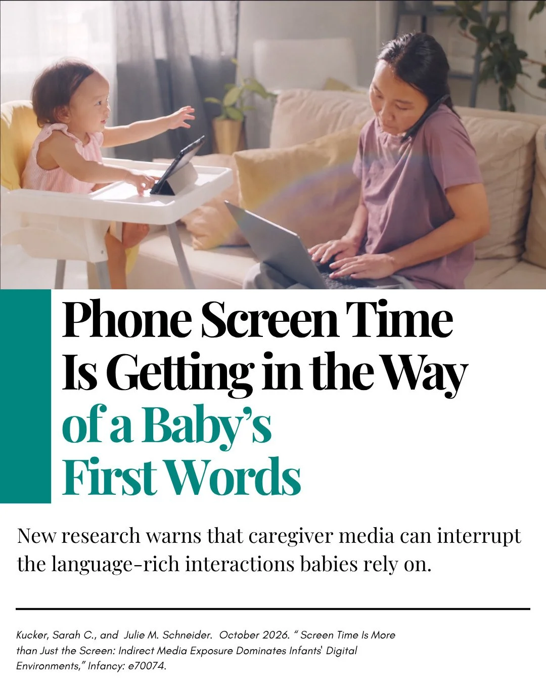 How much media surrounds a baby? Most people don't realize the impact. 
In a new study, babies ages 8 to 25 months were exposed averaged of 4.6 hours of indirect screentime a day. Caregivers used their phones during nearly four in every ten minutes o
