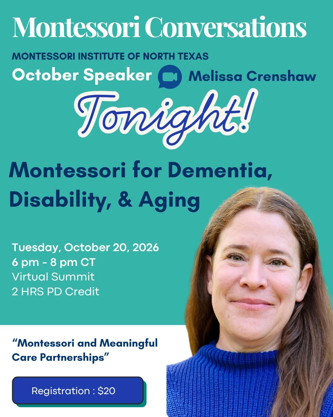 Have you been curious about Montessori for aging, dementia, and disability?

Join us online tonight for a Montessori Conversation with Melissa Crenshaw: &ldquo;Montessori and Meaningful Care Partnerships.&rdquo; It&rsquo;s an opportunity to learn mor