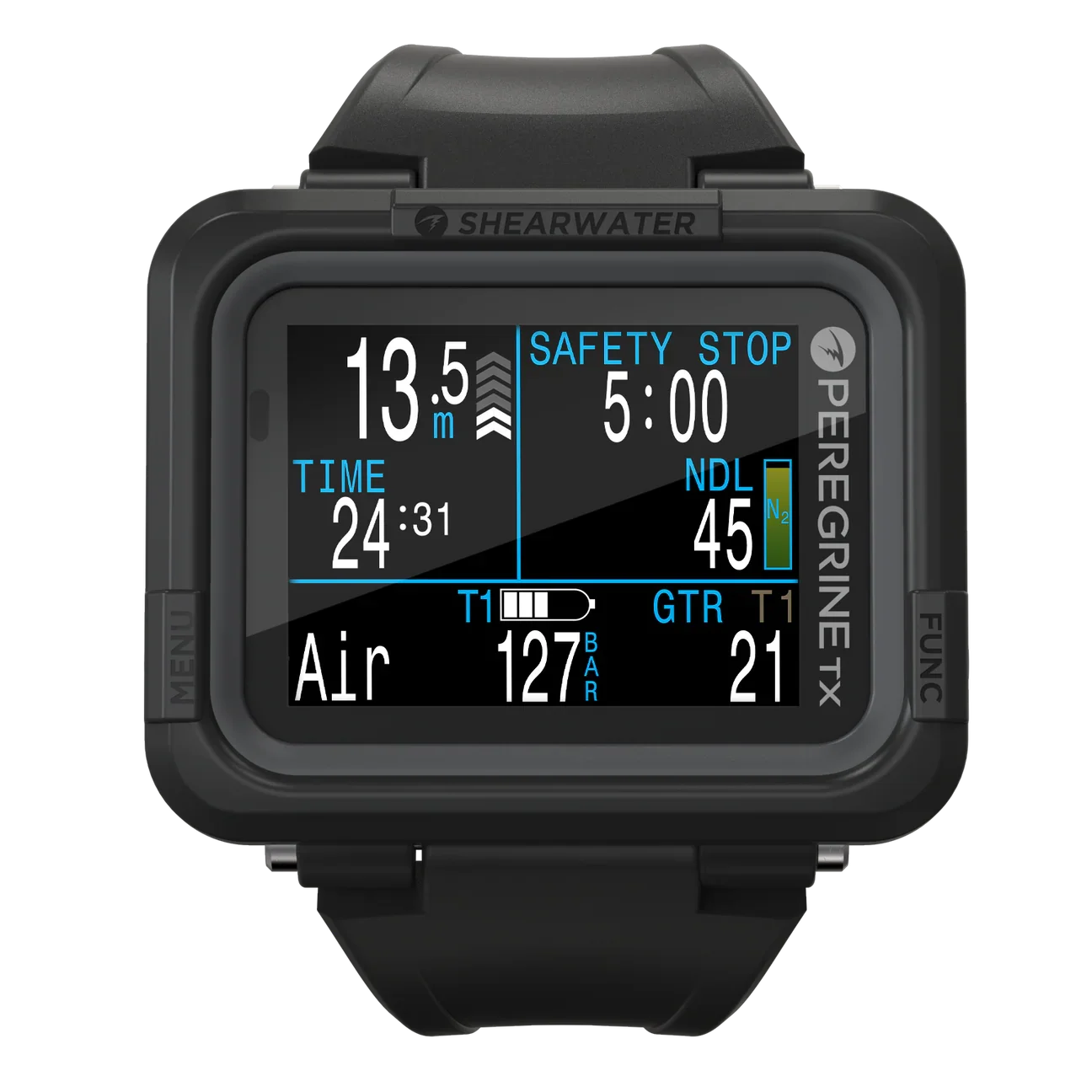 A digital dive computer watch displaying dive information including depth, time, safety stop, no-decompression limit, information about air and gas levels, and user interface buttons on the sides.