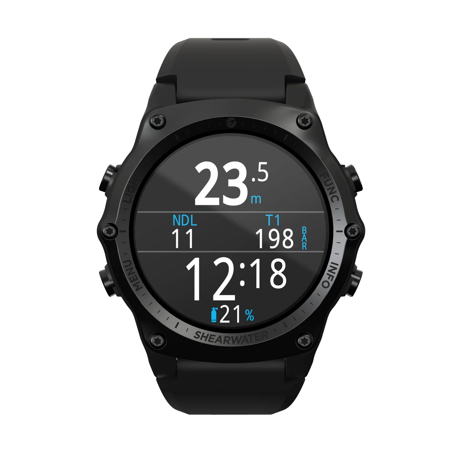 Digital watch display showing water depth of 23.5 meters, No Decompression Limit of 11, T1 pressure of 198 BAR, current time 12:18, and 21 percent battery remaining.