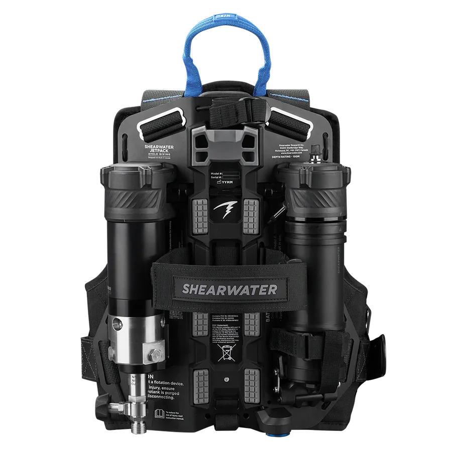 A portable underwater jetpack by Shearwater, with two black cylinders, blue harness, and electronic controls for underwater diving.