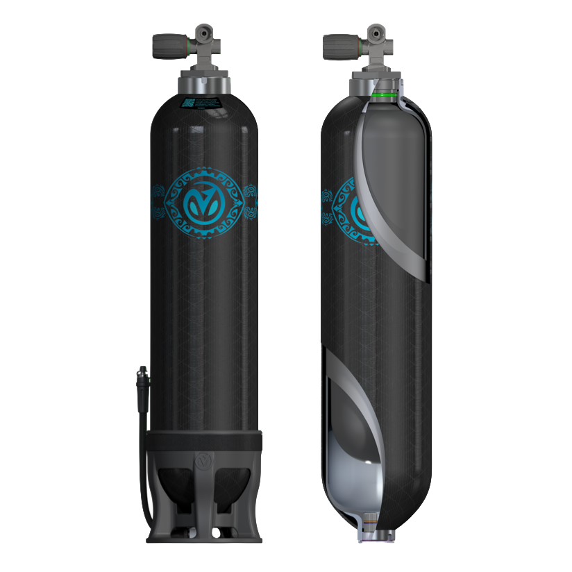 Two black scuba tanks with blue designs and a regulator at the top, connected by a hose, with a partial internal view of one tank showing its interior