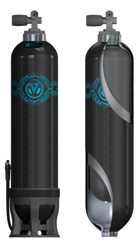 Two black carbon fiber oxygen tanks with blue logo and electronic gauges, connected to a mobile oxygen system.