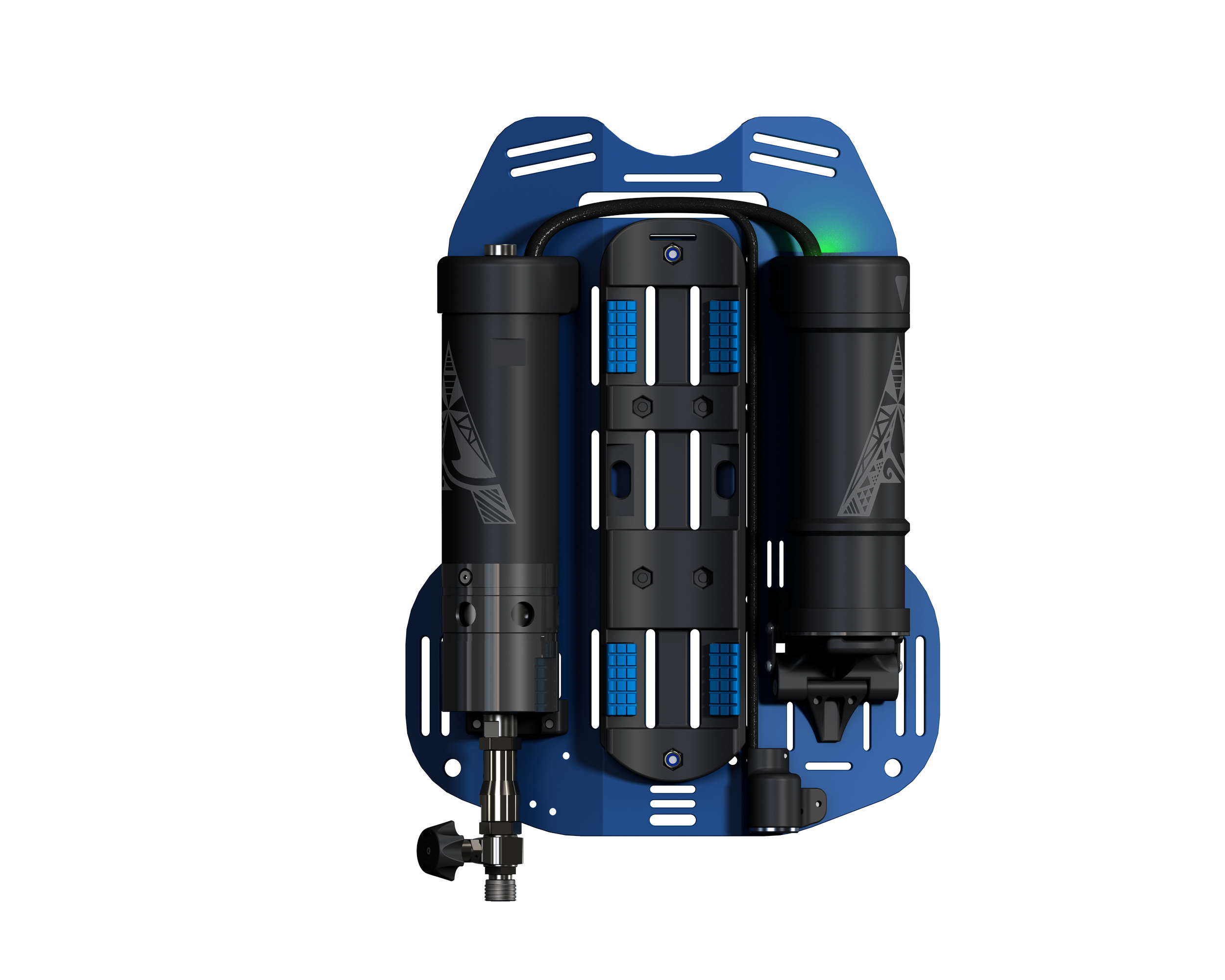An underwater propulsion device with two black cylindrical thrusters mounted on a blue base, featuring various ports and connectors.