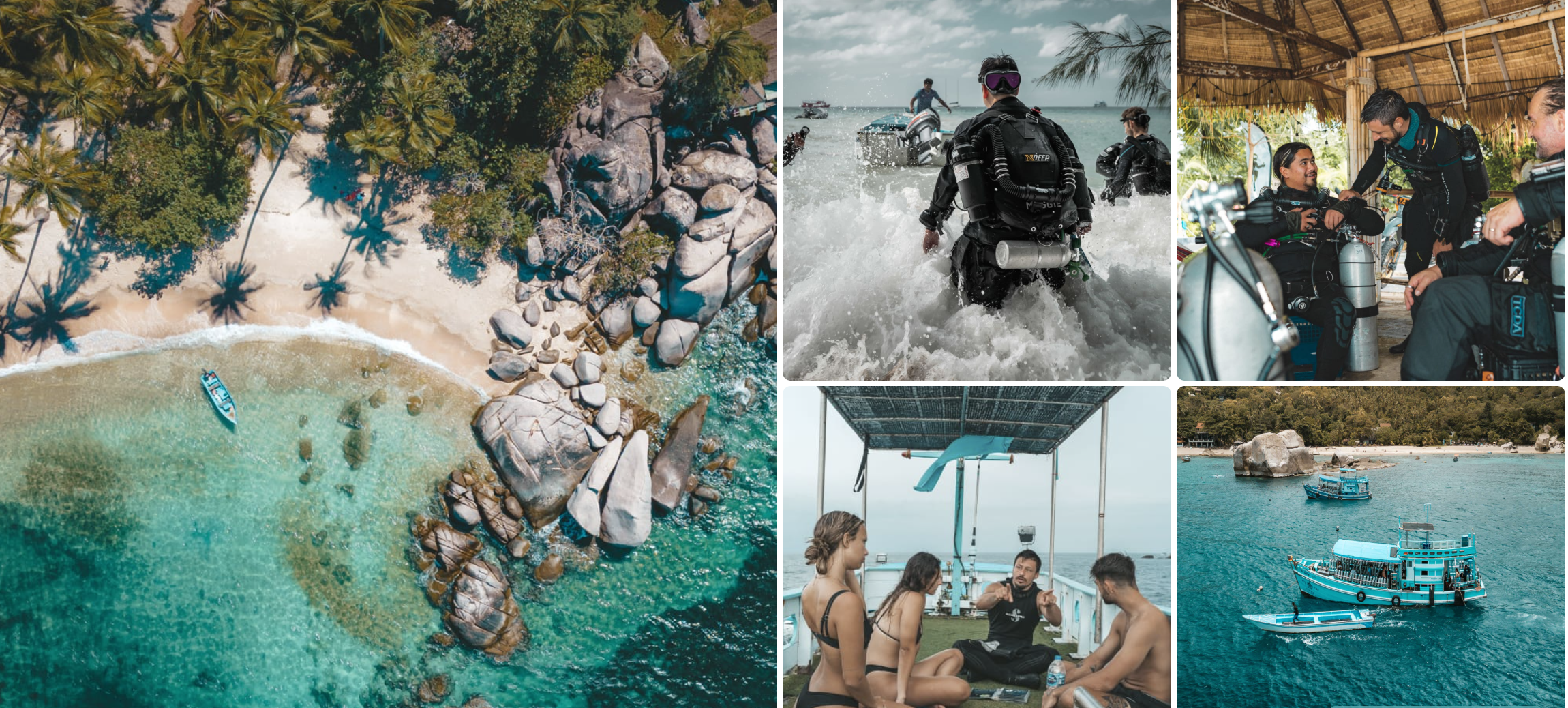 A collage of tropical island activities including an aerial view of a beach with a boat, scuba diving instructors with students, a group discussing on a boat deck, scuba diver entering the water, people on a boat, and a dock with boats near an island.