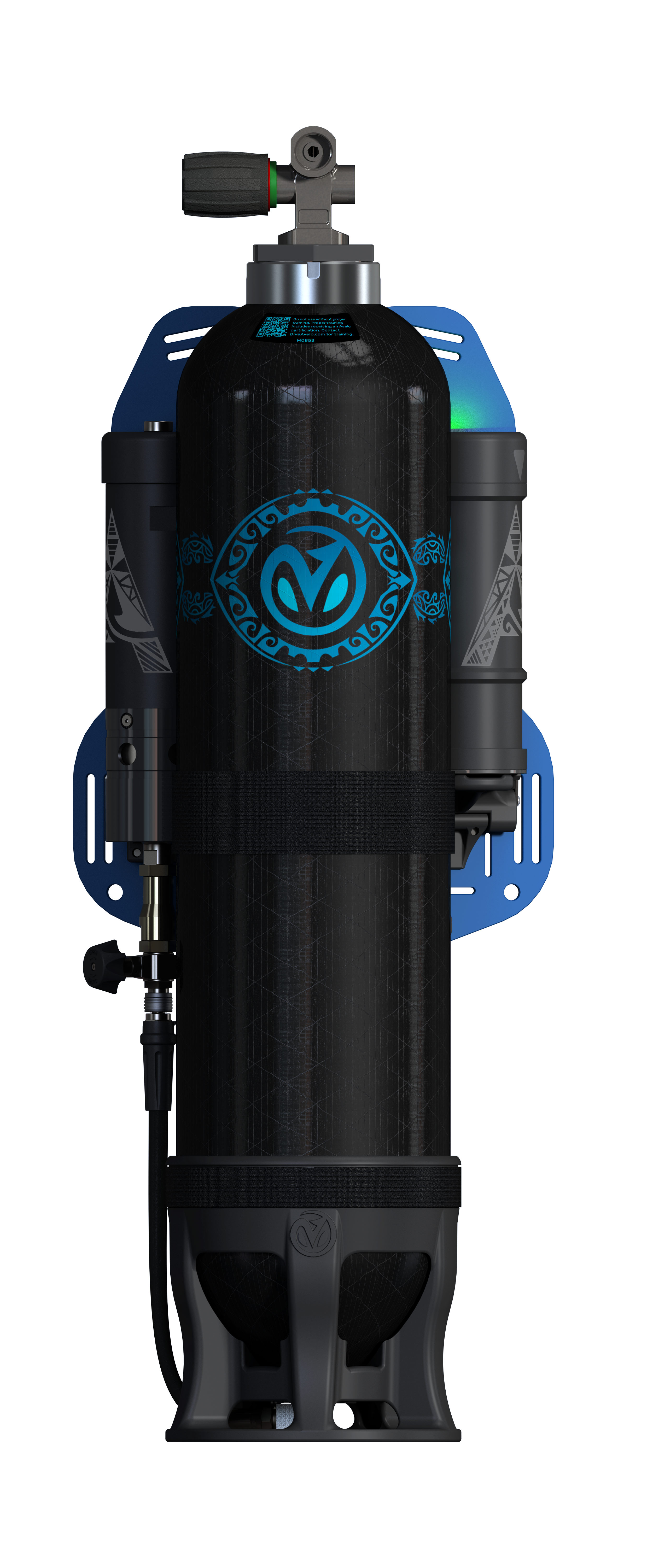 A high-tech scuba tank with black body and blue tribal design, mounted on a backpack with various regulators and gauges.