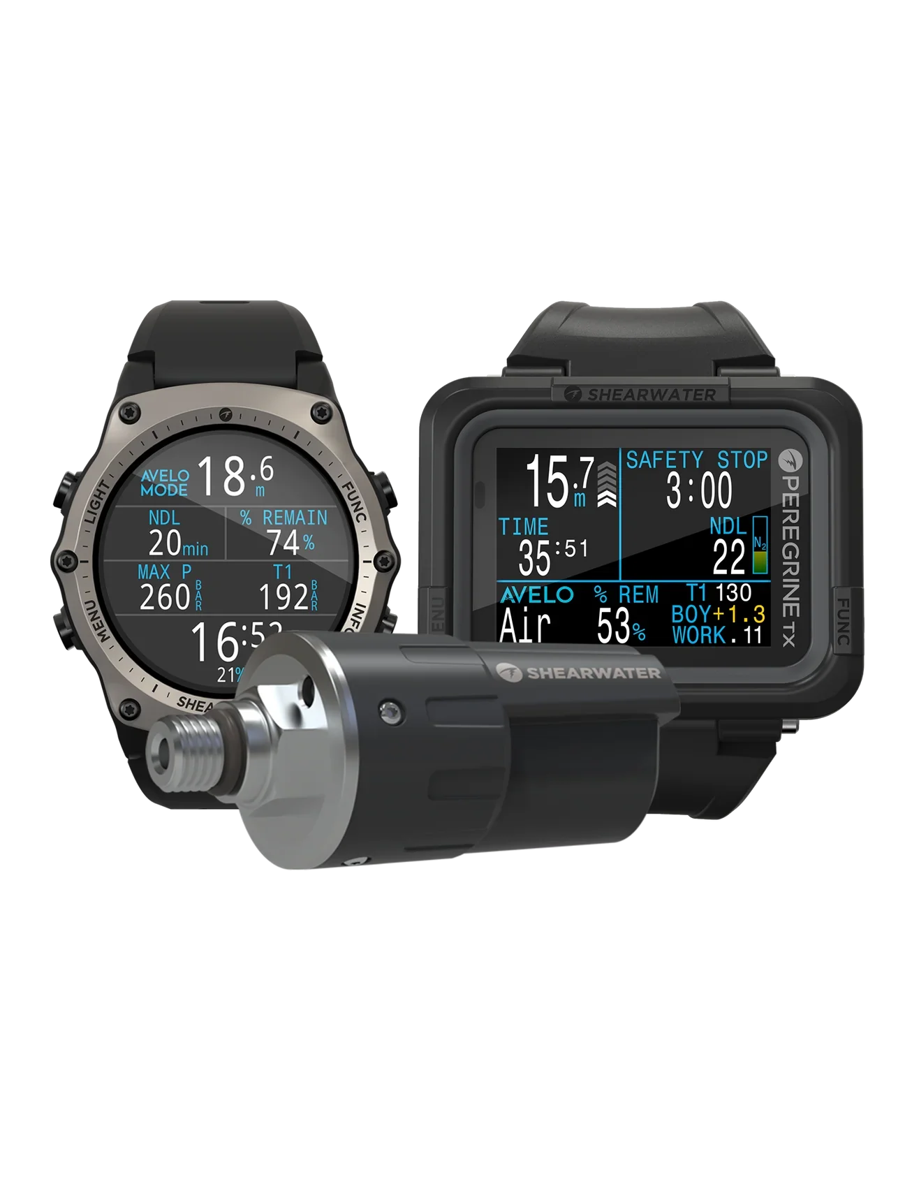 Two dive computers and a dive regulator device, all black with digital screens displaying diving data.