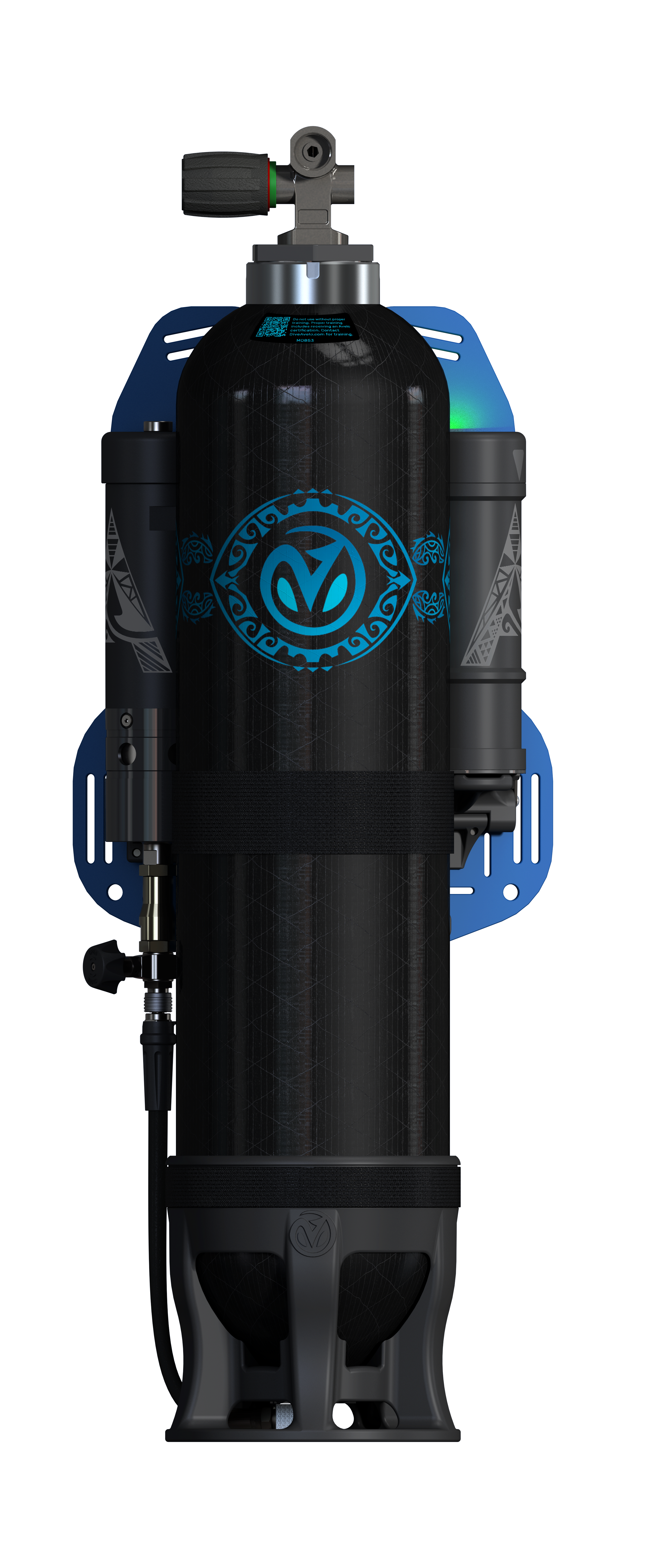 A scuba diving tank with black body, blue tribal designs, and attachments.