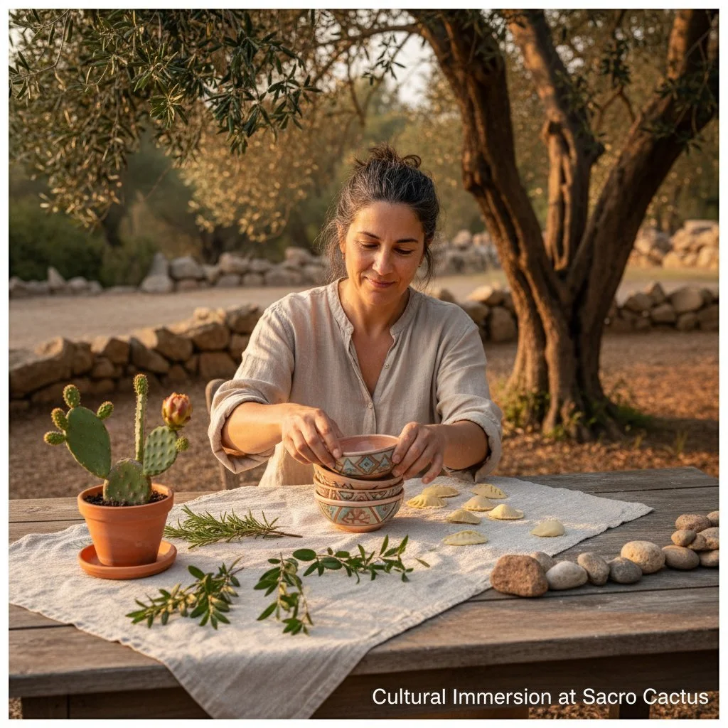 Hands shaping tradition, under olive branches.

See how Sardinian heritage lives&mdash;fresh pasta, ancient symbols, sun-warmed stone. Each detail is a story, woven with local herbs and quiet care.

At Sacro Cactus, cultural immersion is tactile, rea