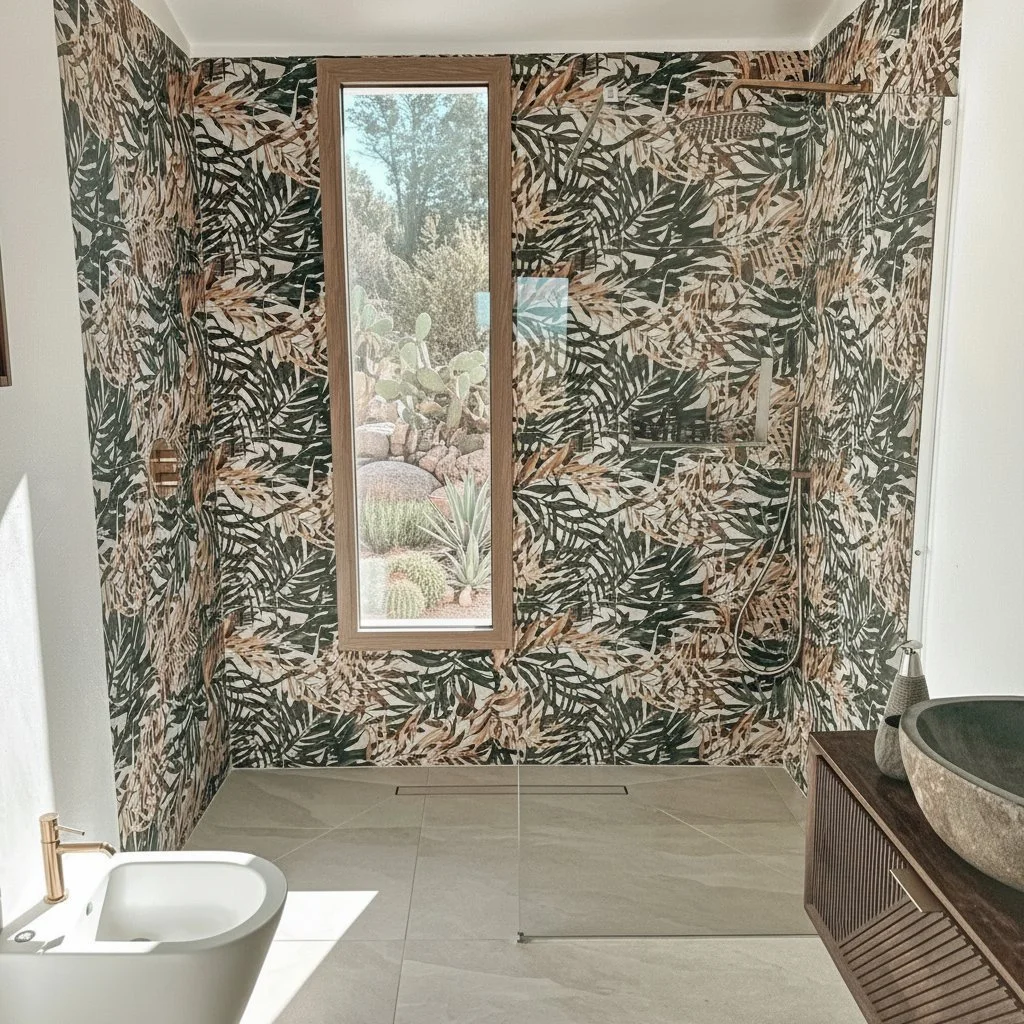 Morning light, stone basin, Sardinian calm.

Every ritual feels different when nature is this close. Step into leafy patterns, golden fixtures, and a cactus view that reminds you&mdash;this land is alive.

Our bathrooms are designed for slow mornings