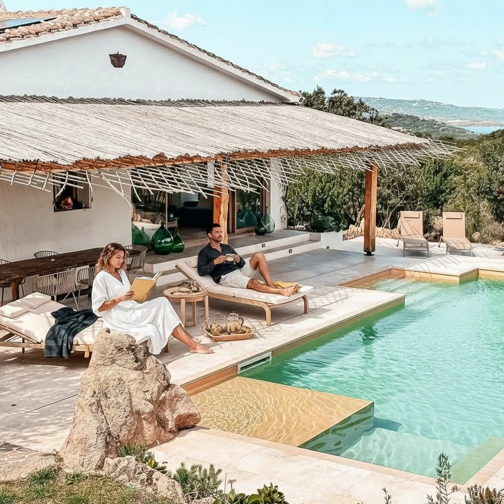 Sun-warmed stone. Still water. Pure peace.

Mornings here begin with birdsong and sky reflected in the pool. Each day unfolds at your own rhythm, shaded by the pergola, surrounded by wild Sardinian green.

Solar-powered, chemical-free, always quiet. 