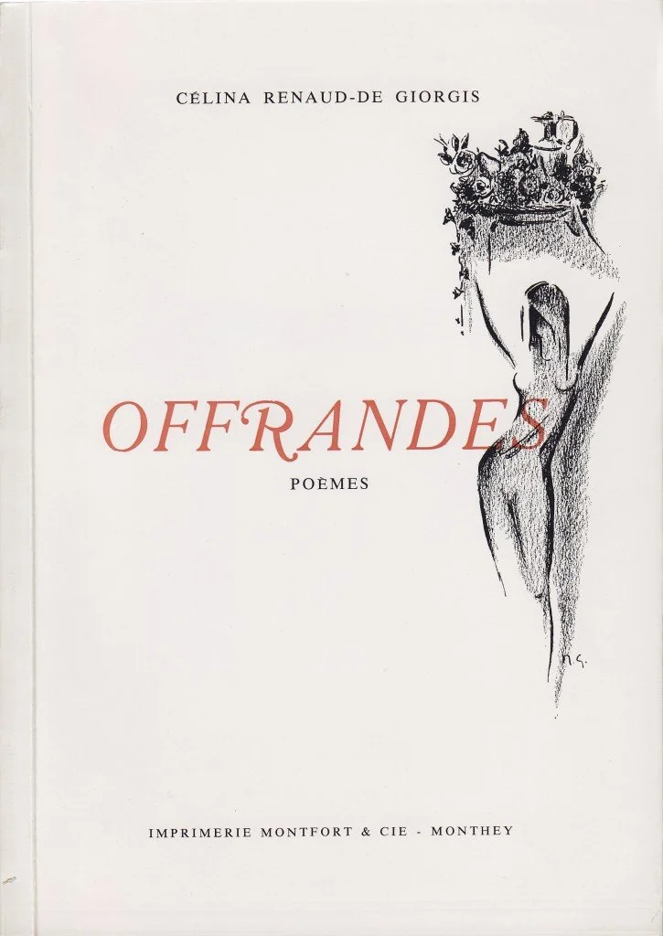 Couverture du recueil de poèmes « Offrandes » de Célina Renaud-de Giorgis, illustrée d’une figure féminine portant une corbeille de fleurs.
