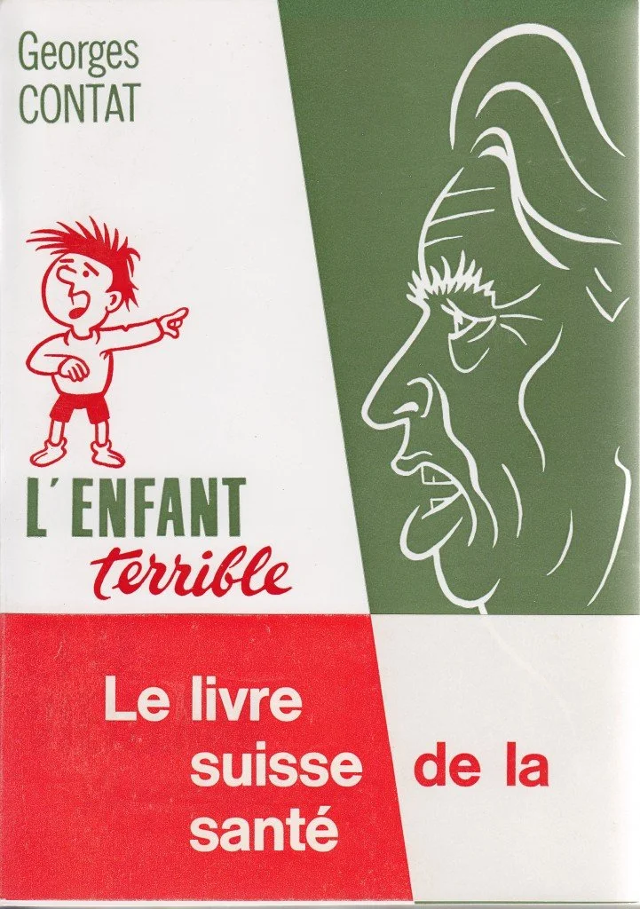 Couverture du livre suisse de la santé « L’enfant terrible » de Georges Contat, illustrée d’un enfant roux et d’un profil féminin en vert et blanc.