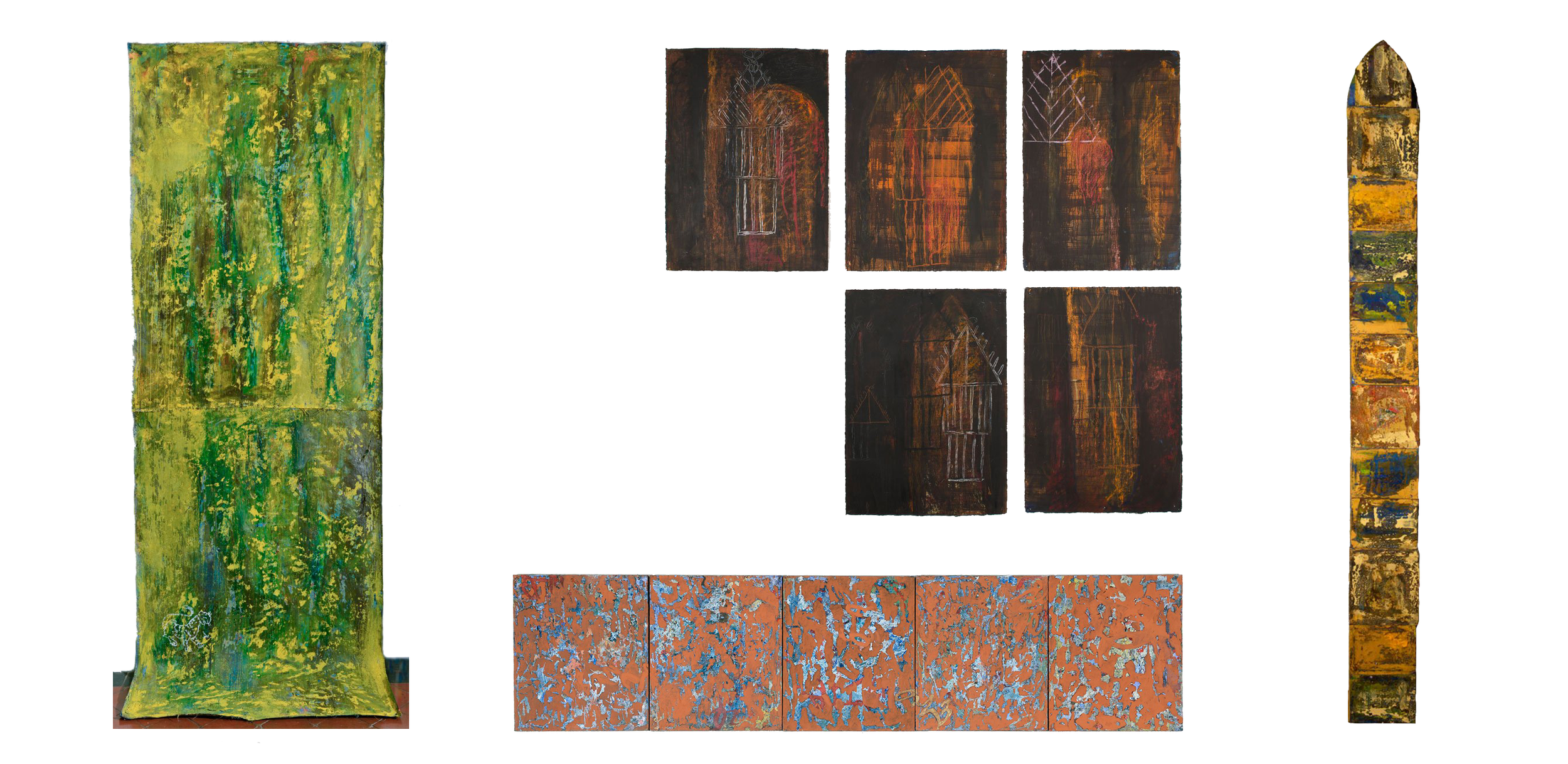 Opera a sinistra 400 x 143 cm
/ Opera a cinque pannelli 60 x 85 cm ciascuno
/ Obelisco 2,30 m