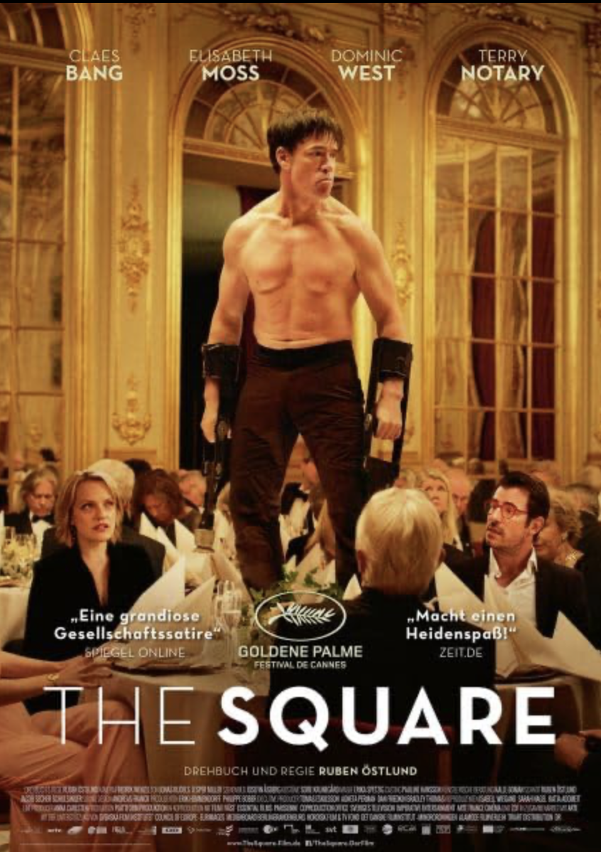 A shirtless man standing on a banquet table in a luxurious, ornate room with gold accents, surrounded by seated guests. Text on the poster includes cast names, quotes, and festival information for the film "The Square."
