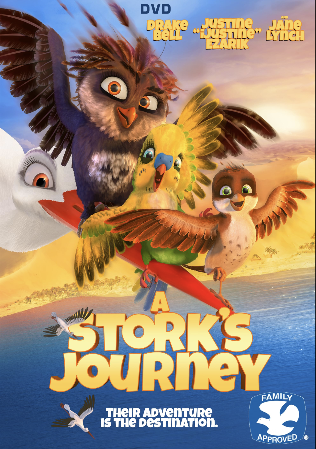 Animated cover of "A Stork's Journey" featuring colorful cartoon birds, a sunset background, and the title text.