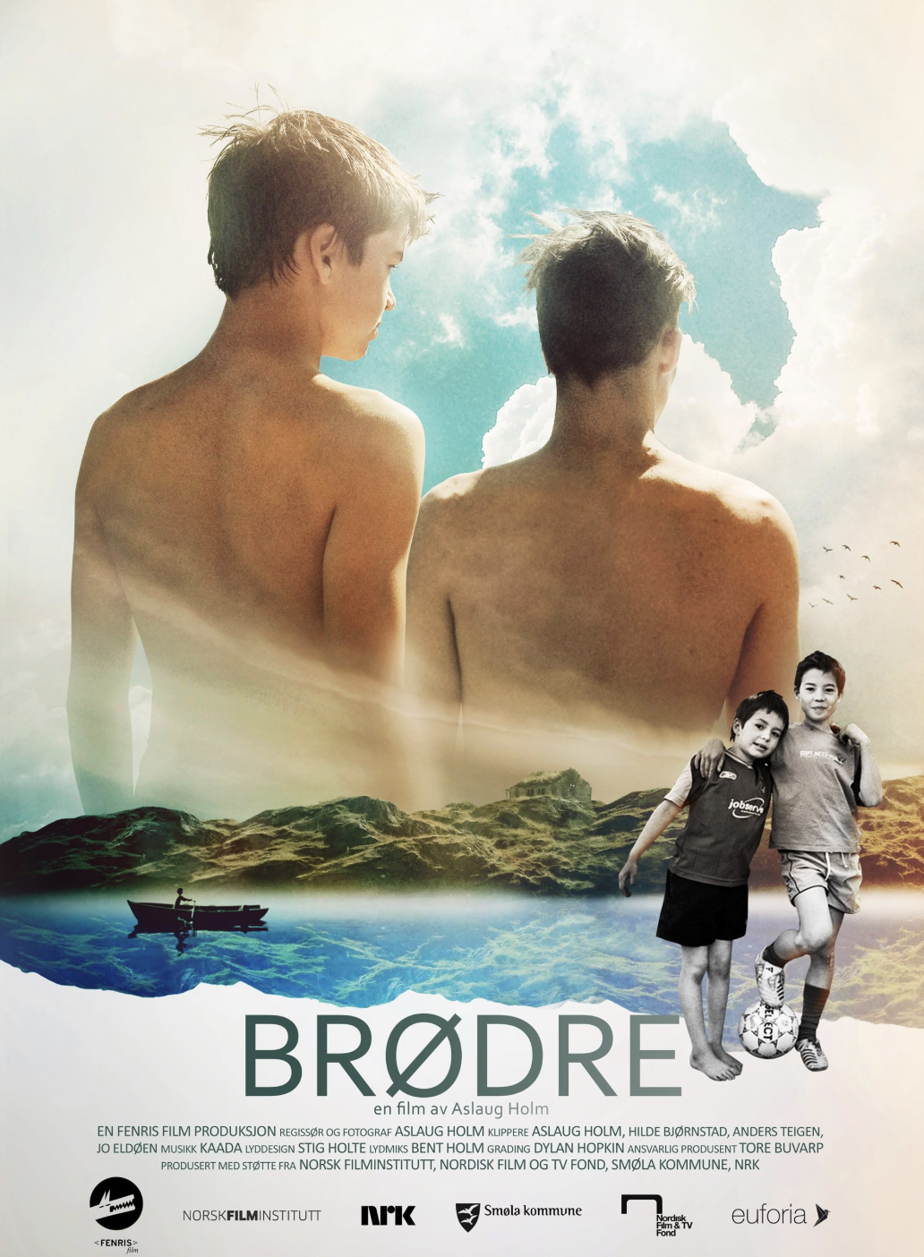 Two shirtless boys with their backs to the camera looking at the sky, which has a large hole revealing blue sky and clouds. In the lower right corner, two young boys with arms around each other, one holding a soccer ball, smile at the camera. The scene has a landscape with water, mountains, and a boat.