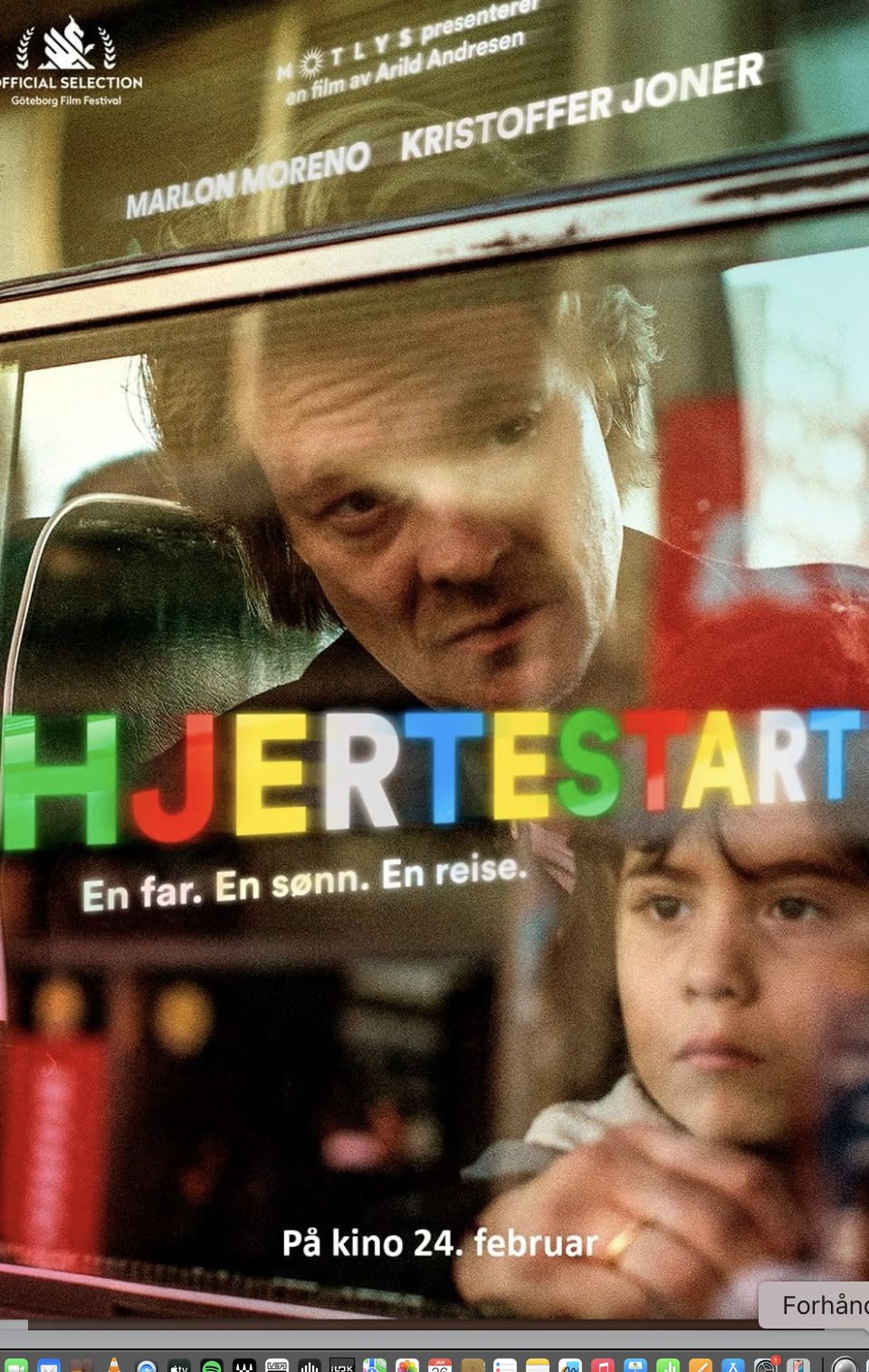 Poster for the film 'Hjertestart' featuring a man and a young girl both looking through a window. The woman and girl appear to be inside, with reflections on the glass. The poster includes text in Norwegian announcing the film's premiere on February 24th.